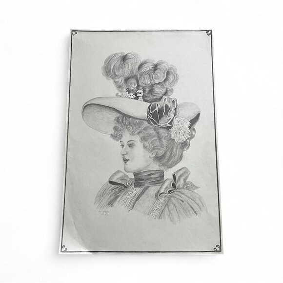 Victorian Woman Portrait Hat Graphite Pencil Paper Signed Elizabeth Dowdy 2002 - Picture 1 of 9